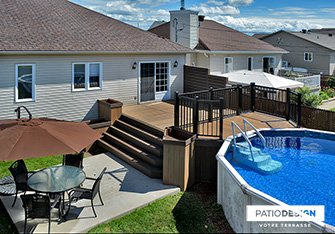 Patio with overground pool by Patio Design inc.