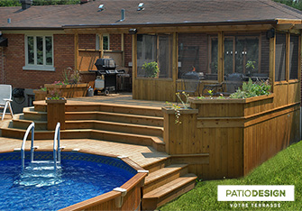 Patio with overground pool by Patio Design inc.