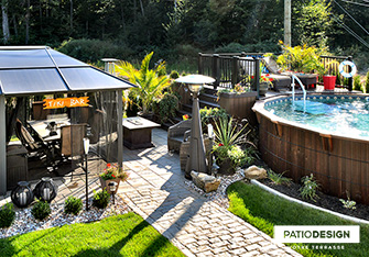 Patio with overground pool by Patio Design inc.